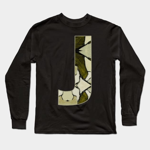 Letter J Monogram Initial Olive Green Pearl White Aesthetic Abstract Pattern Painting On Canvas Long Sleeve T-Shirt by Go Abstract Art